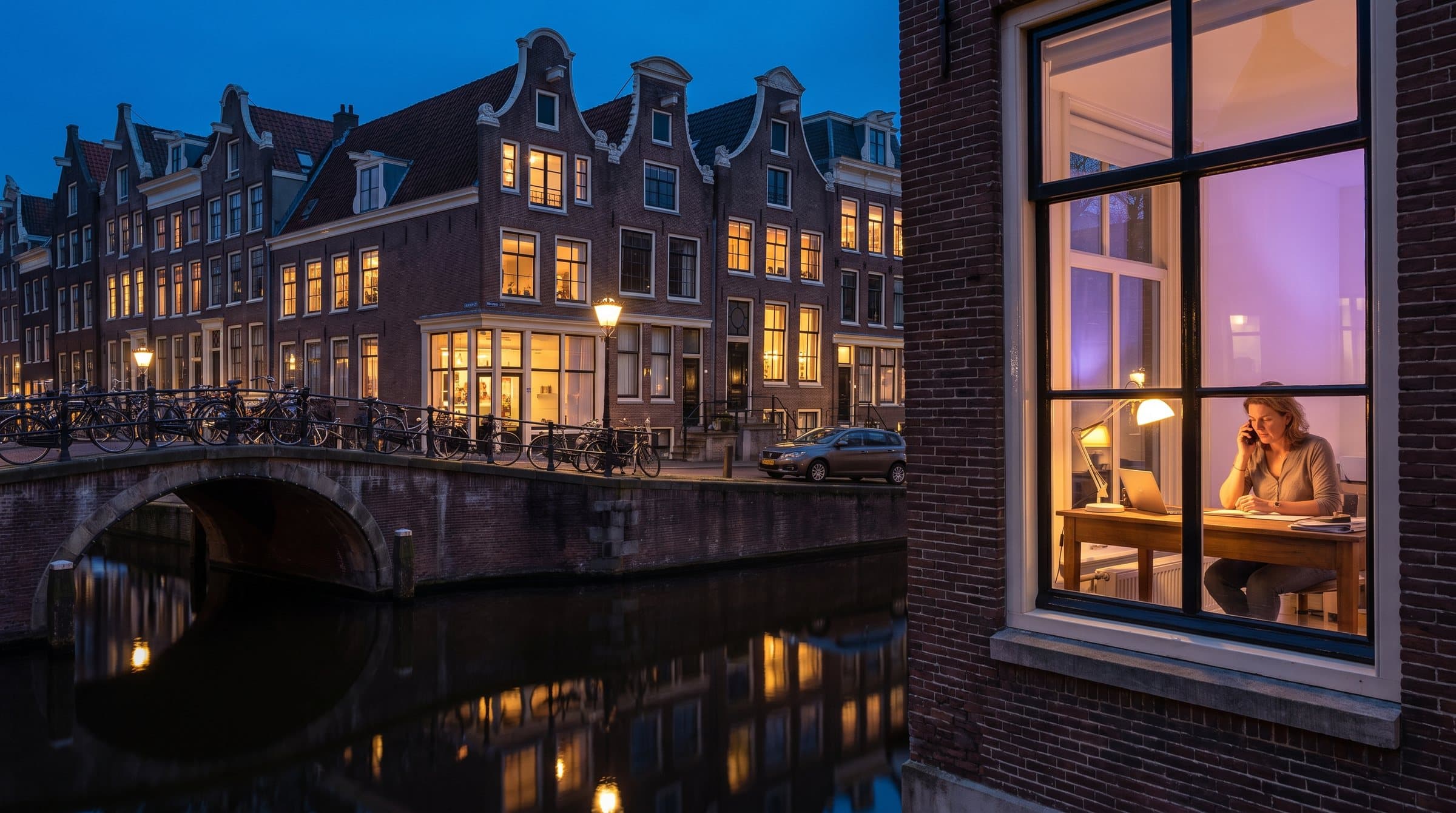 Amsterdamse gracht in het blauwe uur, grachtenpanden weerspiegeld in het water, een vrouw aan de telefoon achter een verlicht raam