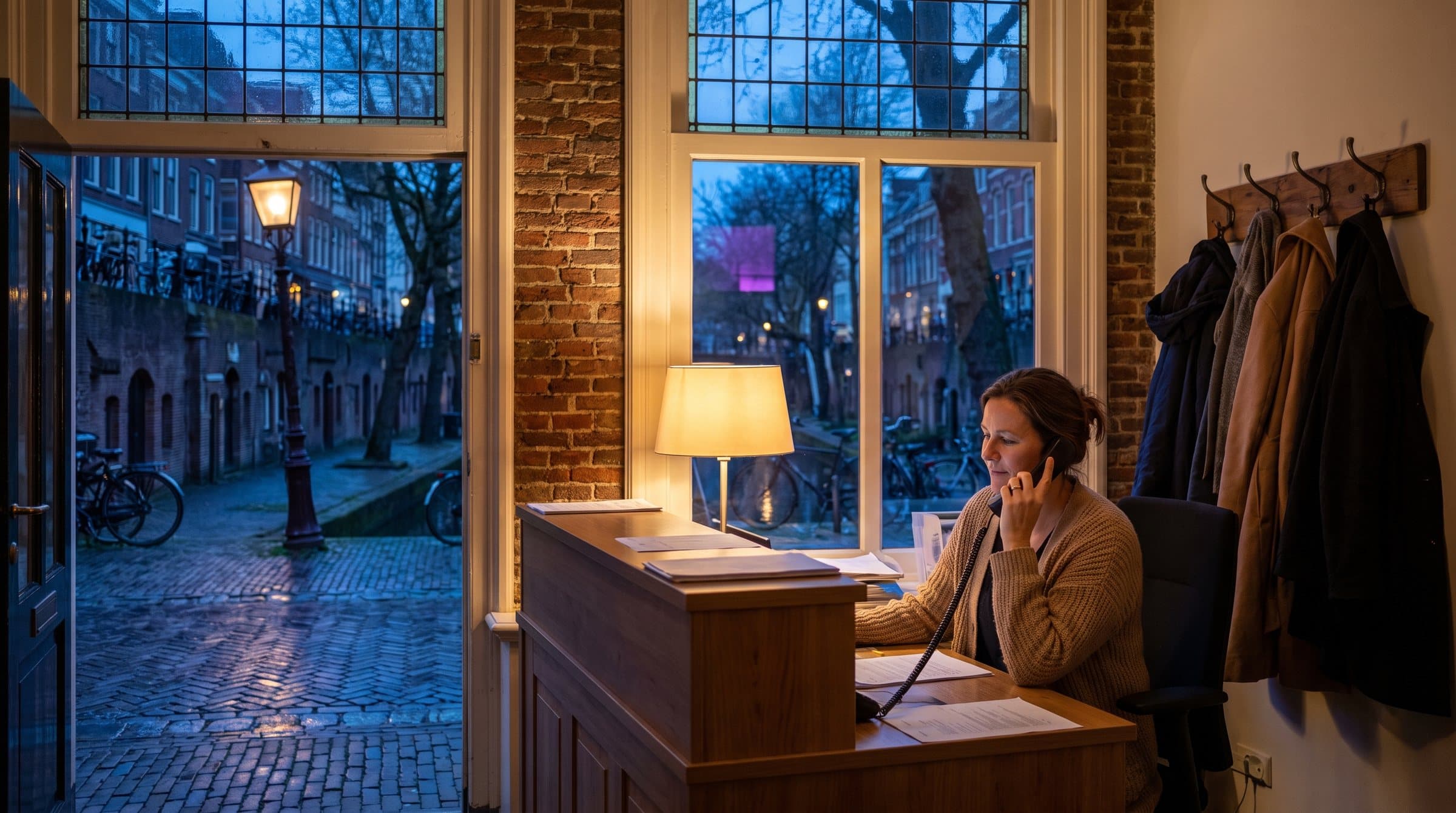 Doktersassistente aan de telefoon achter de balie van een huisartsenpraktijk aan de Utrechtse Oudegracht, bij het ochtendgloren