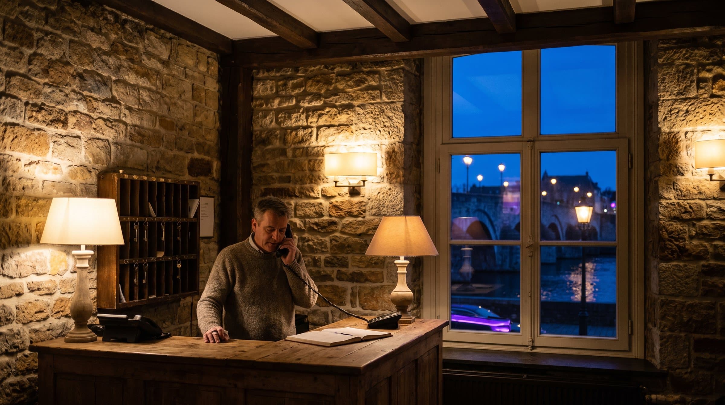 Nachtreceptionist aan de telefoon in een klein hotel in Maastricht, de oude stenen brug over de Maas in het blauwe uur